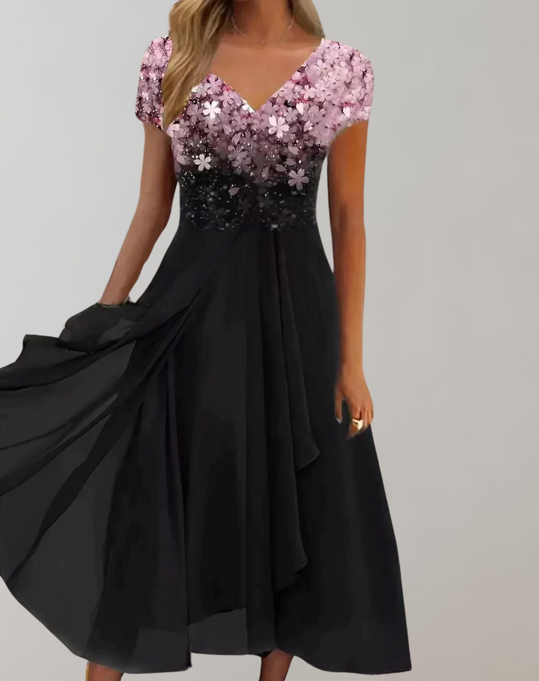Glamorous women's midi dress featuring intricate floral embellishments, V-neck, and short sleeves for evening wear.