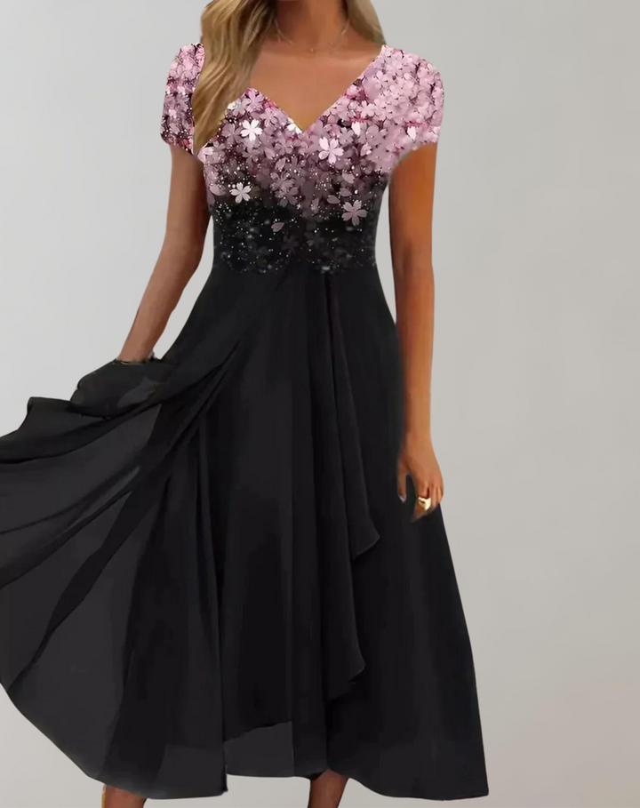 Glamorous women's midi dress featuring intricate floral embellishments, V-neck, and short sleeves for evening wear.