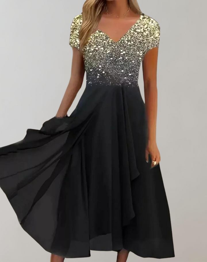 Chic V-neck women's midi dress with elegant floral embellishments & short sleeves. A stunning choice for cocktail parties.