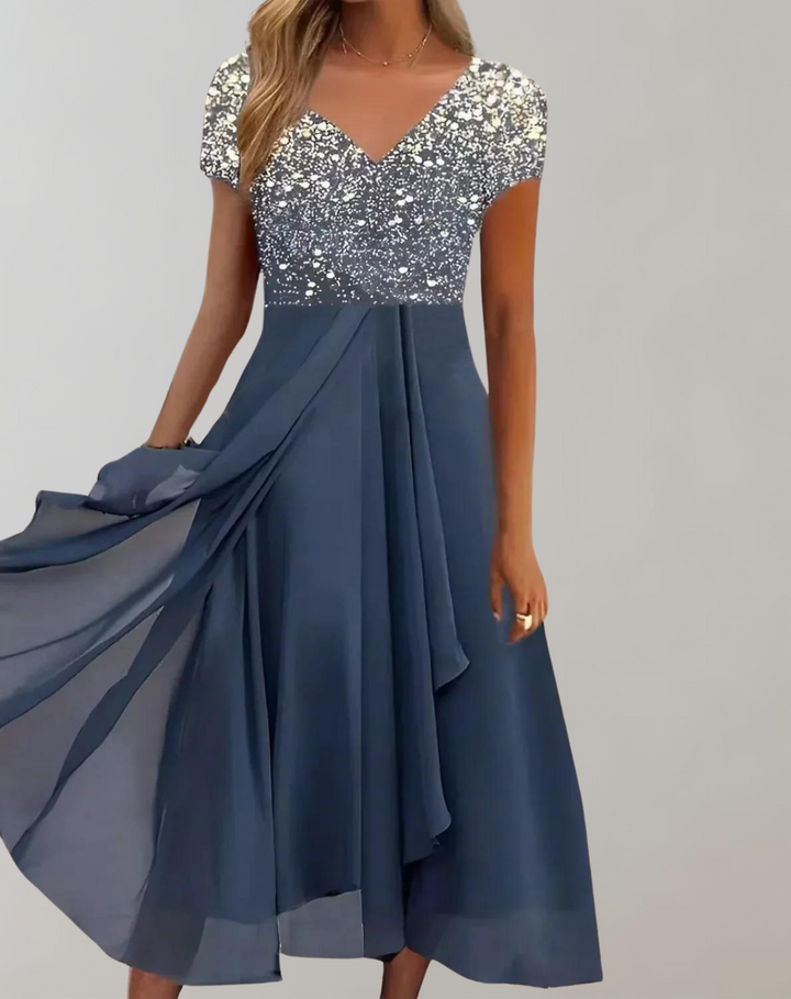 Full view of a women's elegant floral embellished V-neck midi dress with short sleeves, ideal for parties.