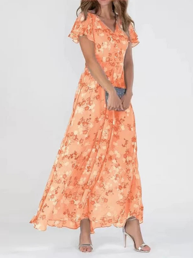 Elegant women's floral flutter sleeve V-neck maxi dress. Perfect for summer occasions, flowing and comfortable.