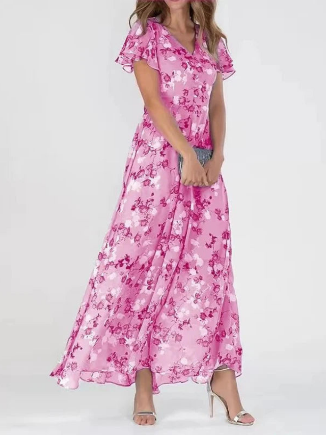 Comfortable flowy V-neck floral maxi dress for women. Stylish flutter sleeves, perfect for casual chic or elegant events.