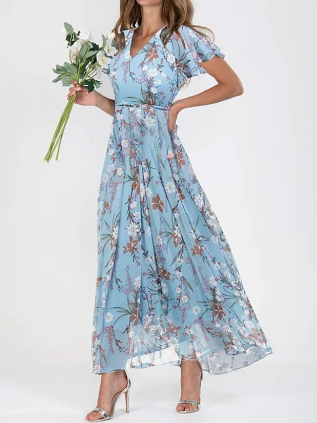 Stunning floral V-neck maxi dress with flutter sleeves, designed for women. Elegant, flowy, and perfect for any occasion.
