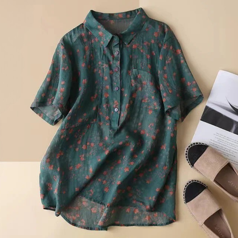 Elegant women's floral half-placket shirt with button details, perfect for spring/summer casual wear.