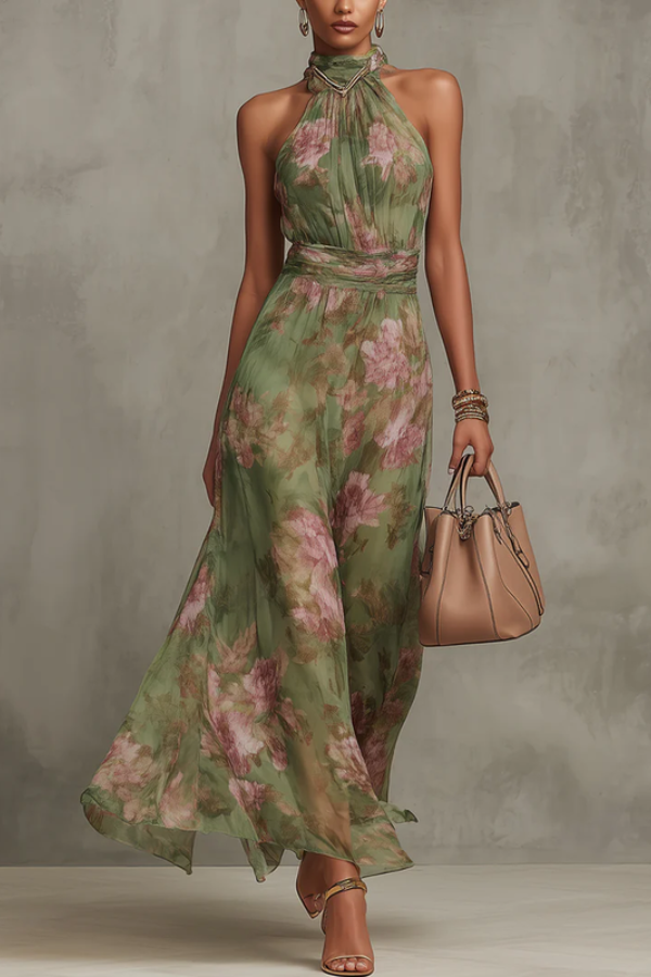Elegant women's floral halter maxi dress, perfect for summer occasions. Flowy and stylish vacation party wear.