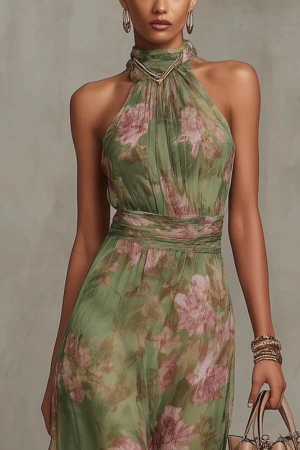 Women's elegant floral maxi dress with a flattering halter neckline. Ideal for summer parties, vacations, and occasions.