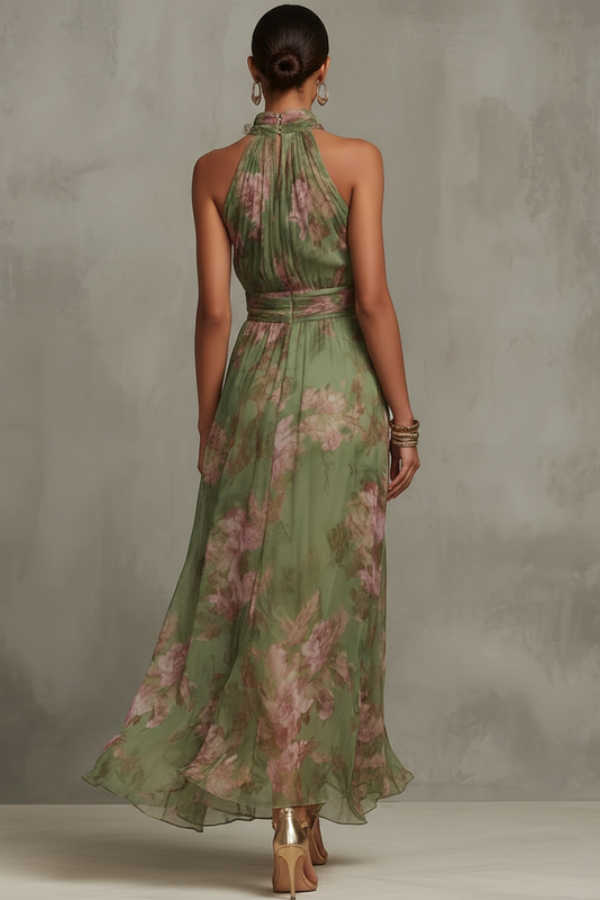 Beautiful women's floral halter maxi dress, featuring a vibrant print and flowy silhouette. Chic summer party dress.