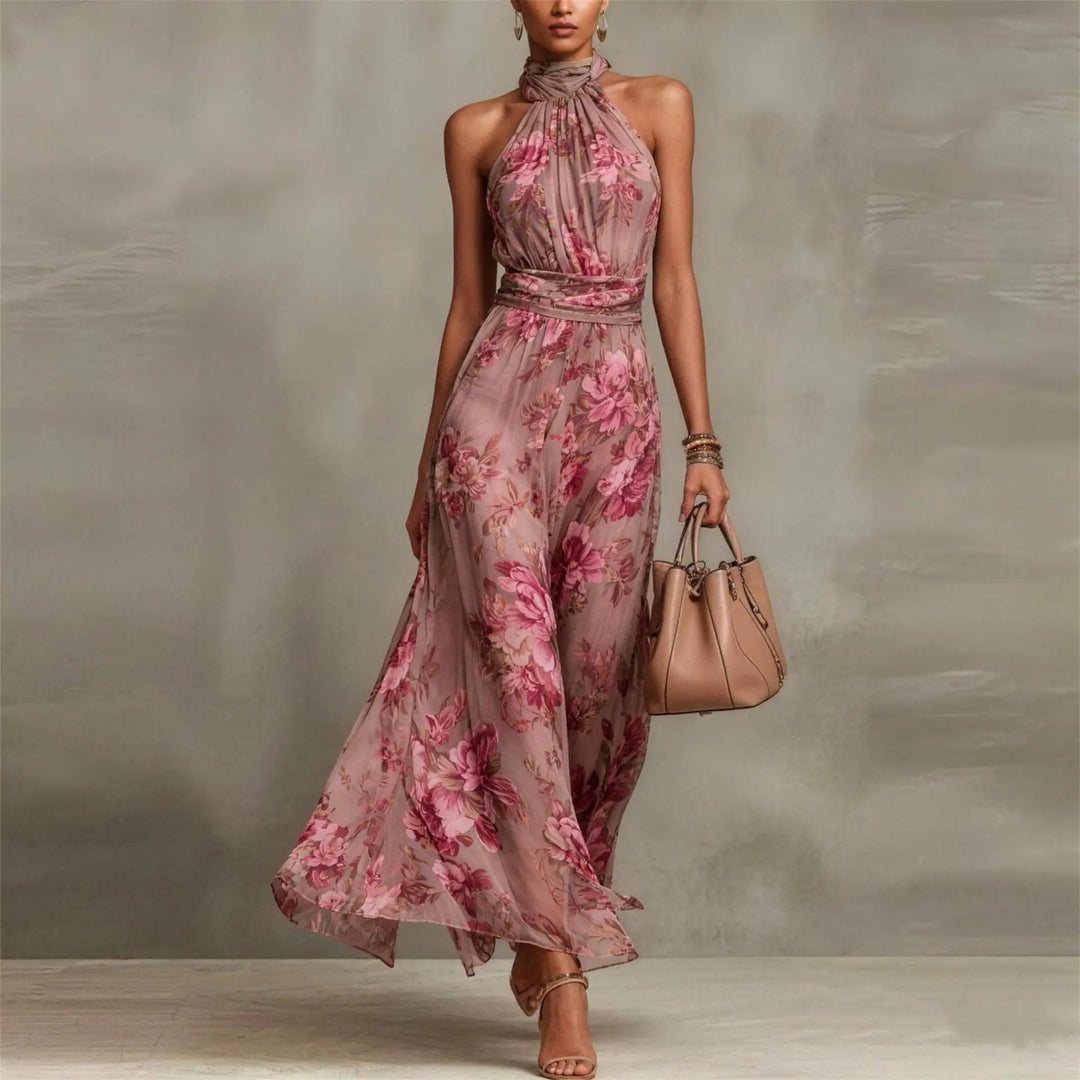 Elegant women's floral halter maxi dress with ruched waist, perfect for wedding guests or spring parties.