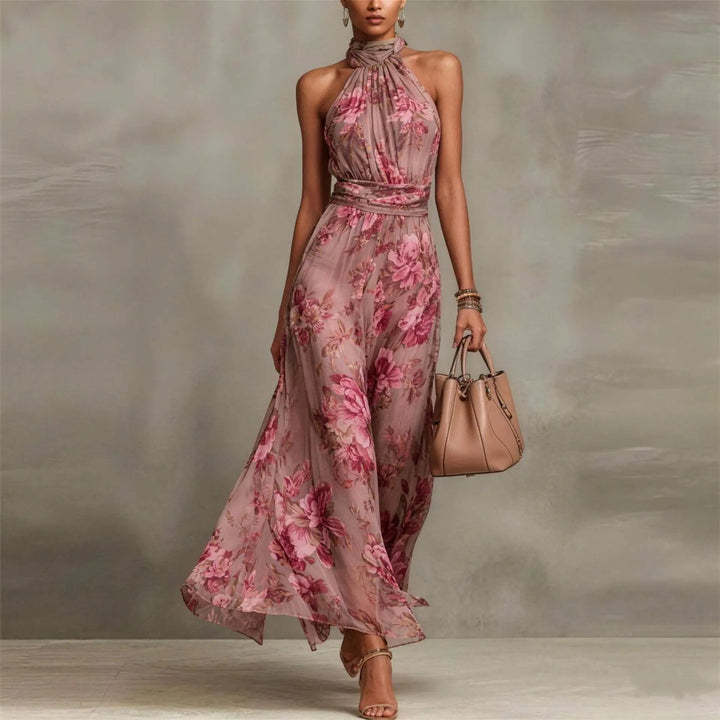 Elegant women's floral halter maxi dress with ruched waist, perfect for wedding guests or spring parties.