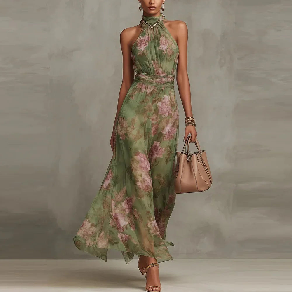 Flowy floral print halter neck maxi dress for women, ideal elegant vacation or party attire.