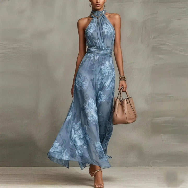 Chic floral halter maxi dress for women featuring a ruched waist, ideal elegant attire for weddings & vacations.