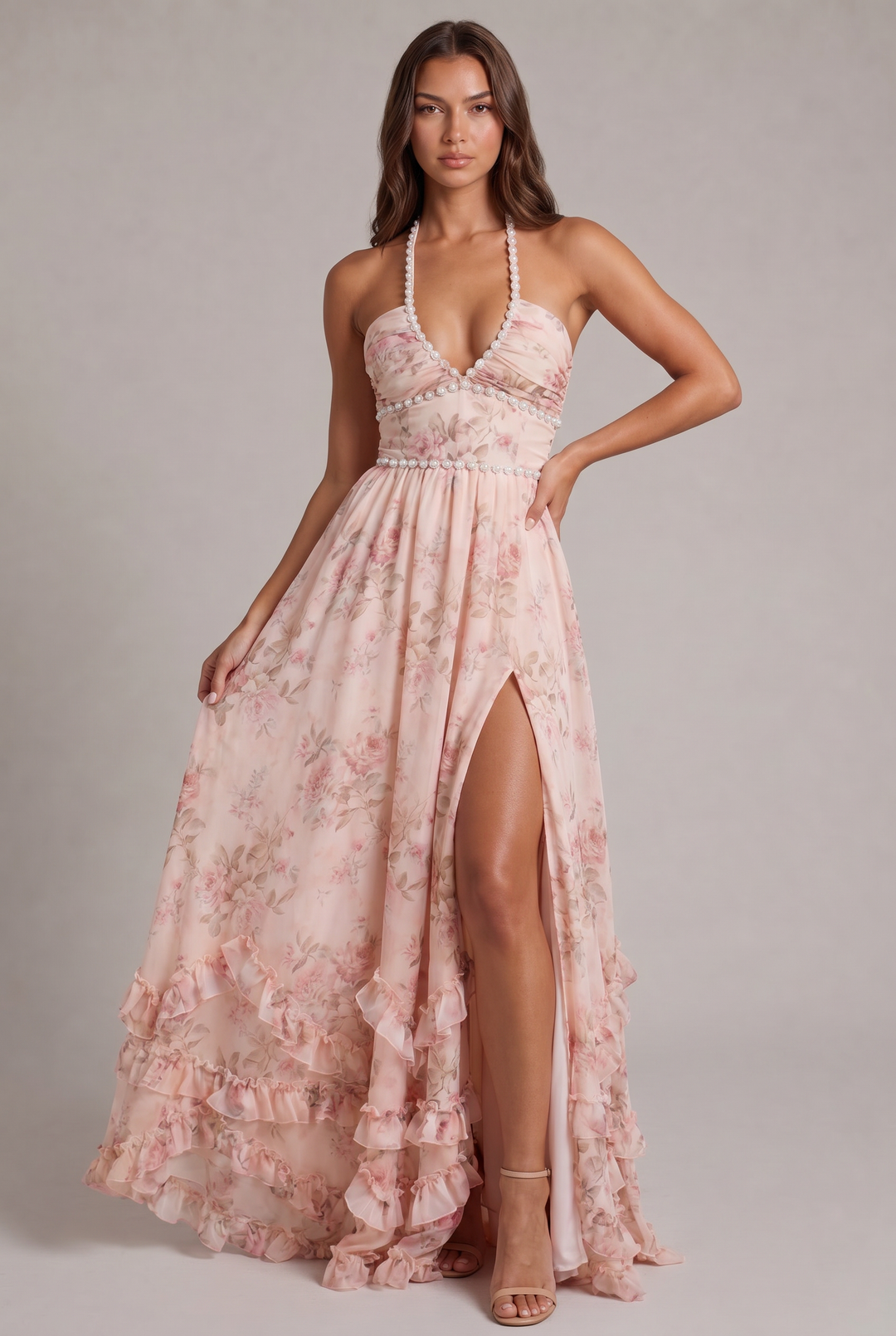 Elegant women's floral halter neck maxi dress, perfect for summer parties & special occasions.
