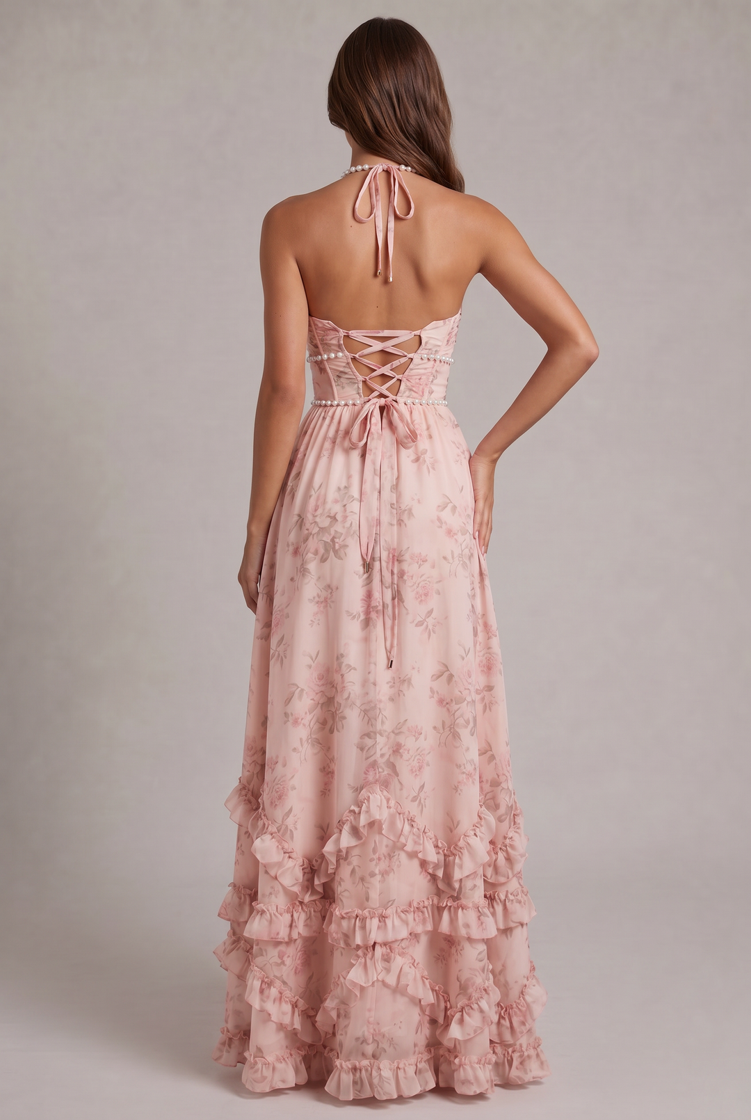 Stylish women's floral halter maxi dress, an elegant choice for wedding guests & summer celebrations.