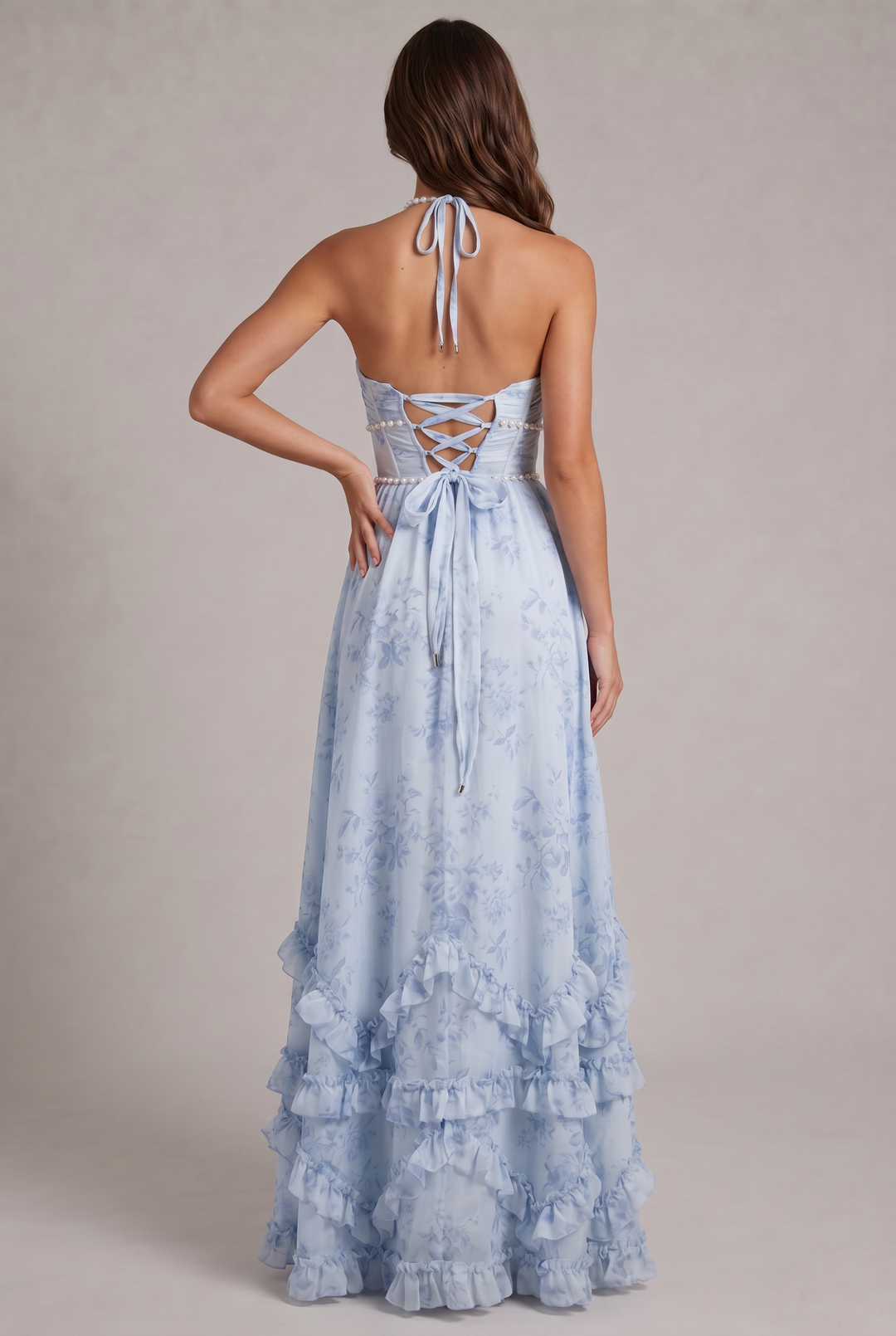 Vibrant floral print halter neck maxi dress for women, a beautiful and elegant party dress.