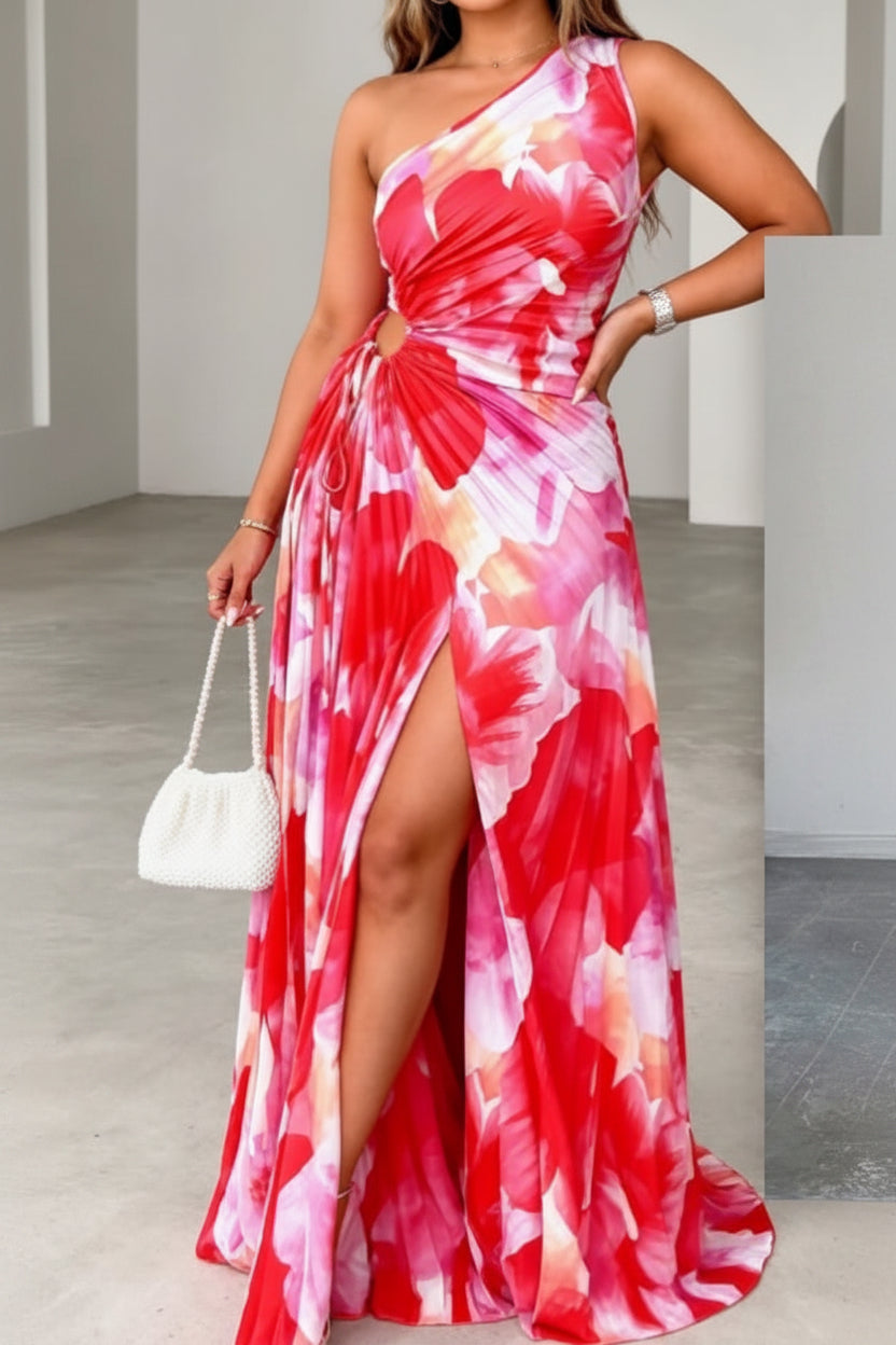 Elegant women's floral halter neck maxi dress with keyhole detail, perfect for summer vacations or parties.