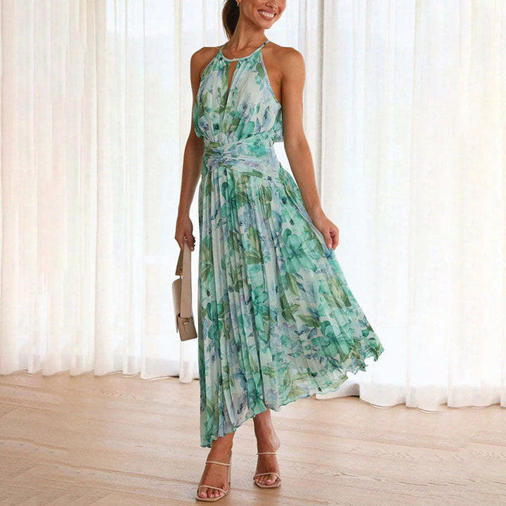 Elegant women's floral halter neck pleated maxi dress, perfect for wedding guests & summer special occasions.