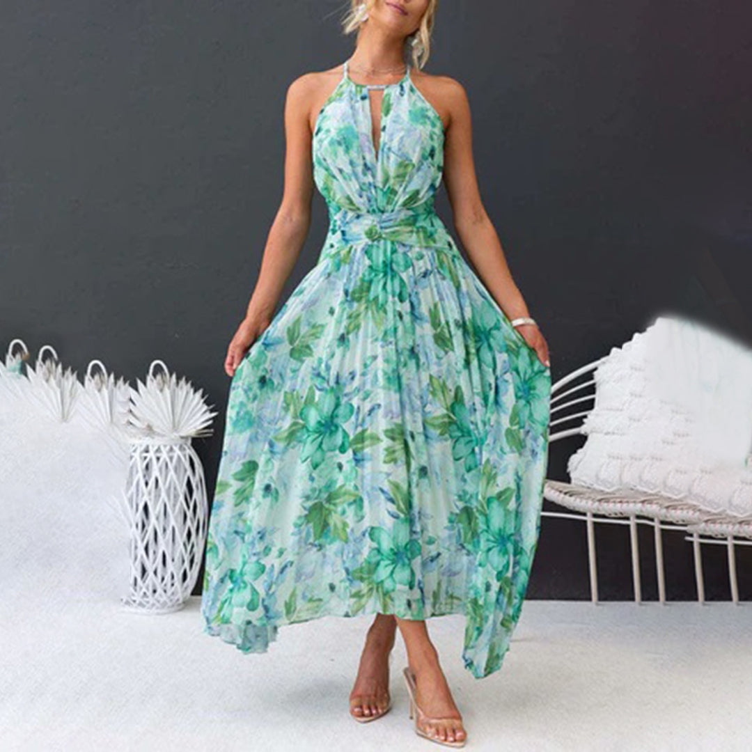Beautiful floral print halter neck maxi dress, ideal for wedding guests, special occasions & elegant summer parties.
