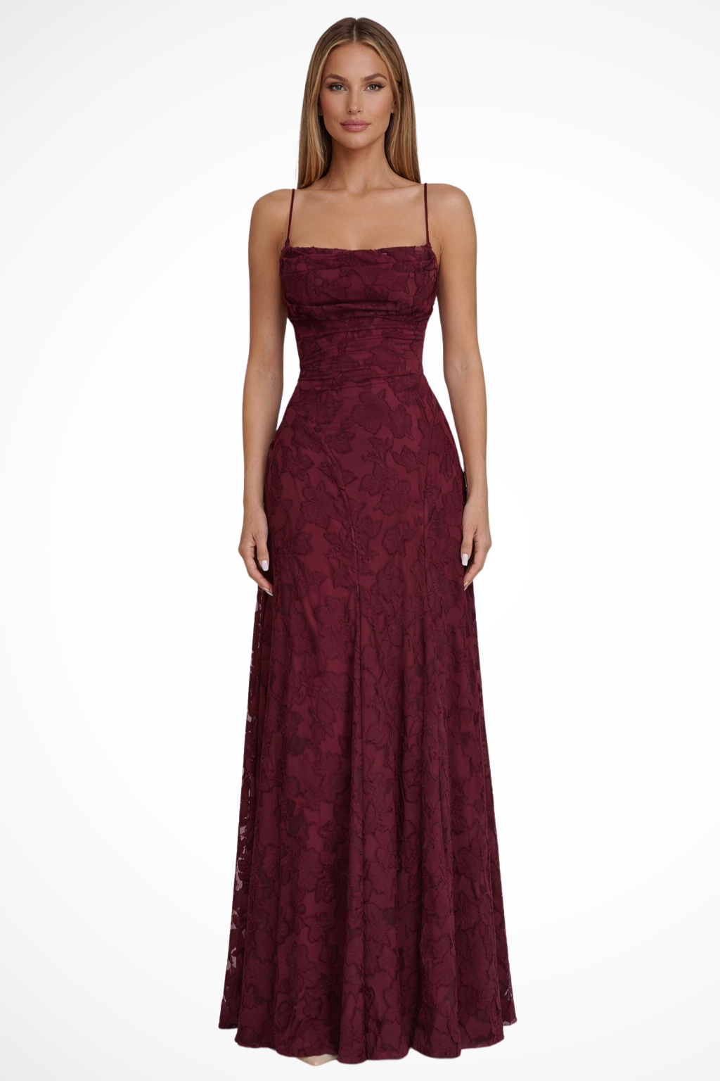 Elegant women's floral jacquard maxi dress with lace-up back for special occasions.