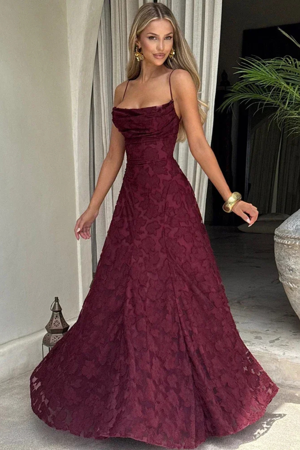 White floral jacquard maxi dress with elegant lace-up back, perfect for formal events.