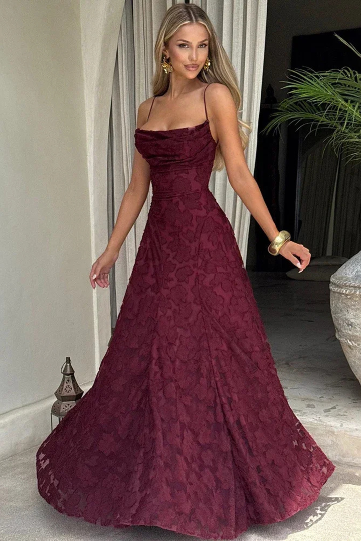 White floral jacquard maxi dress with elegant lace-up back, perfect for formal events.