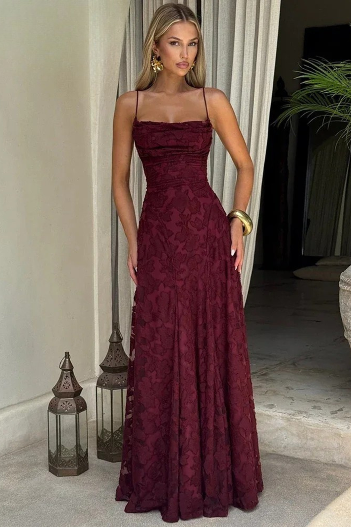 Burgundy floral jacquard maxi dress, an elegant evening gown with a stylish lace-up back.