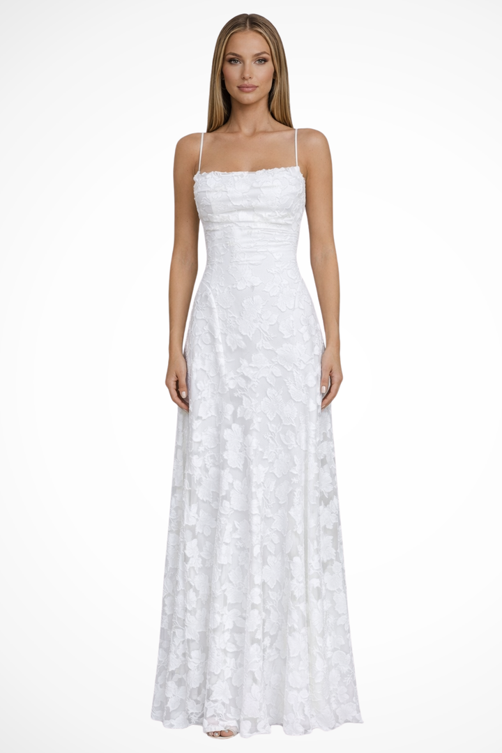 Women's formal floral jacquard maxi gown featuring a chic lace-up back.