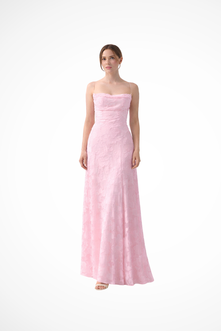 Long floral jacquard maxi dress with a flattering lace-up back, suitable for formal events.