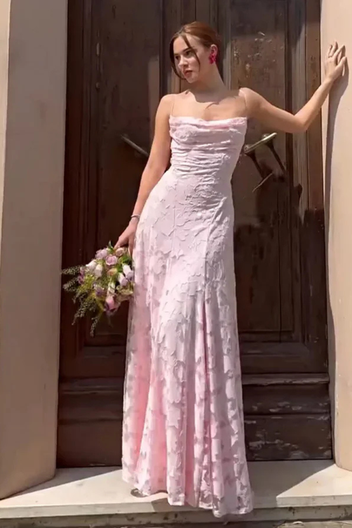 Pink floral jacquard maxi dress, an elegant long gown with a beautiful lace-up back.