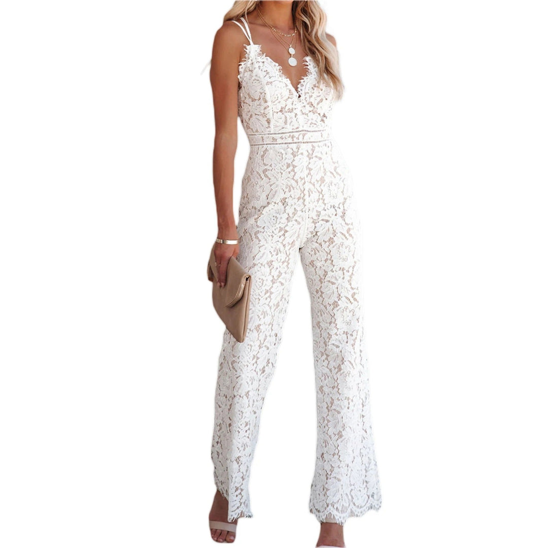 Close-up of women's floral pattern on lace backless jumpsuit, ideal for elegant summer parties