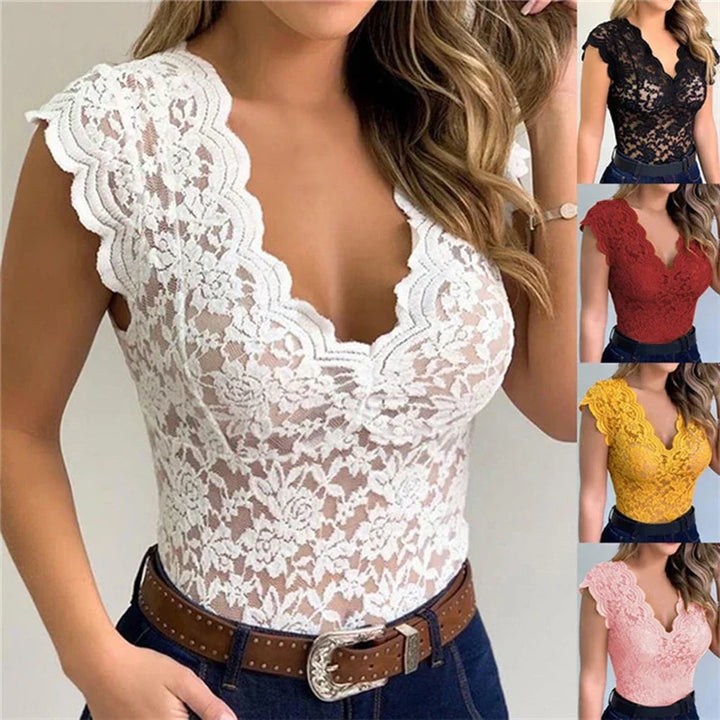Close-up of a stylish women's white floral lace sleeveless top, perfect for summer fashion