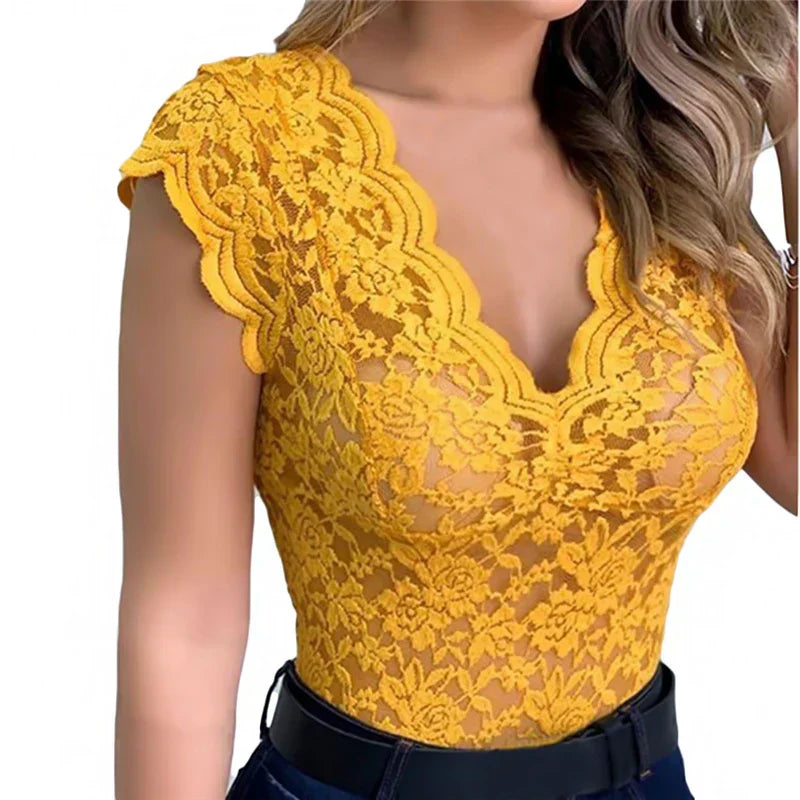 Detailed view of a women's floral lace sleeveless top & blouse, highlighting its intricate pattern