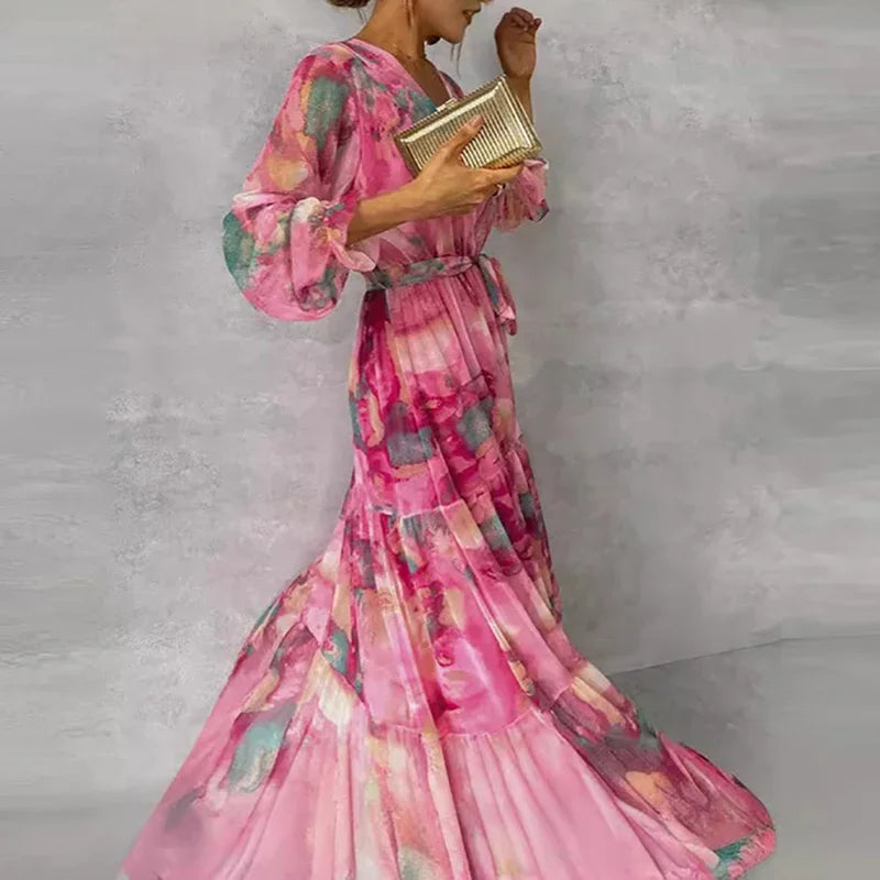 Women's classic style floral maxi dress, elegant for parties, vacation, and sophisticated summer events.