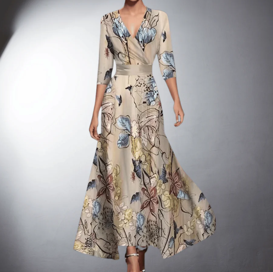 Elegant women's floral maxi dress with a flowing skirt, perfect for summer garden parties or a boho chic look.