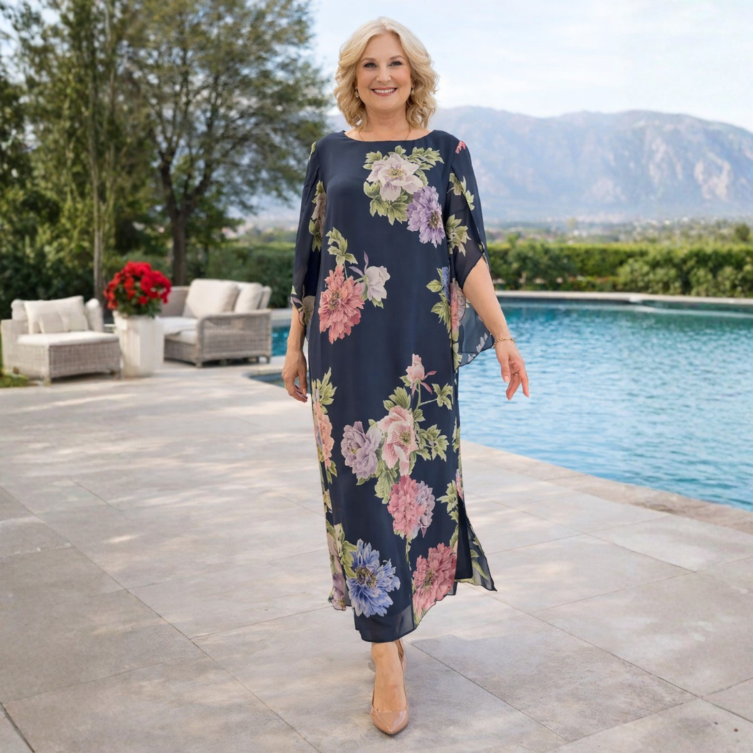 Elegant women's floral maxi dress with flowing silhouette, perfect for summer garden parties. Comfortable and stylish.
