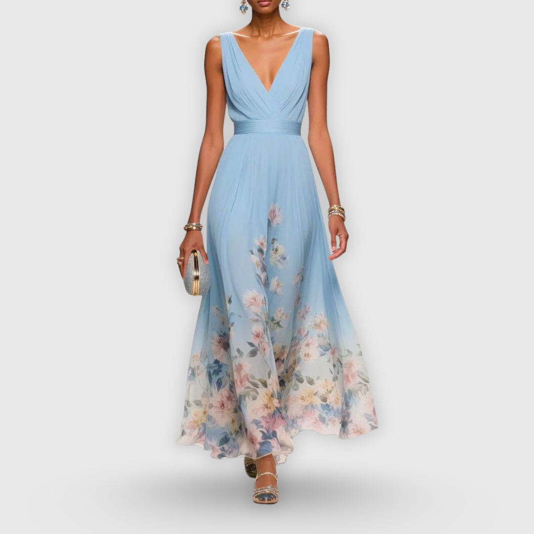 Elegant women's floral maxi dress with V-neck, perfect for garden parties & special occasions.