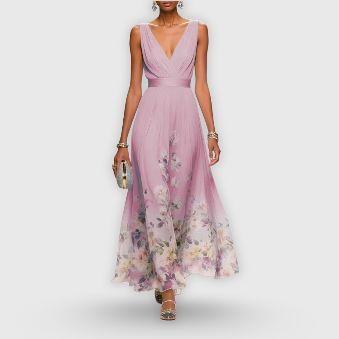 Sleeveless floral A-line maxi dress for women, elegant V-neck gown for formal garden party events.