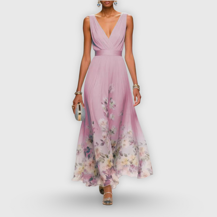 Sleeveless floral A-line maxi dress for women, elegant V-neck gown for formal garden party events.