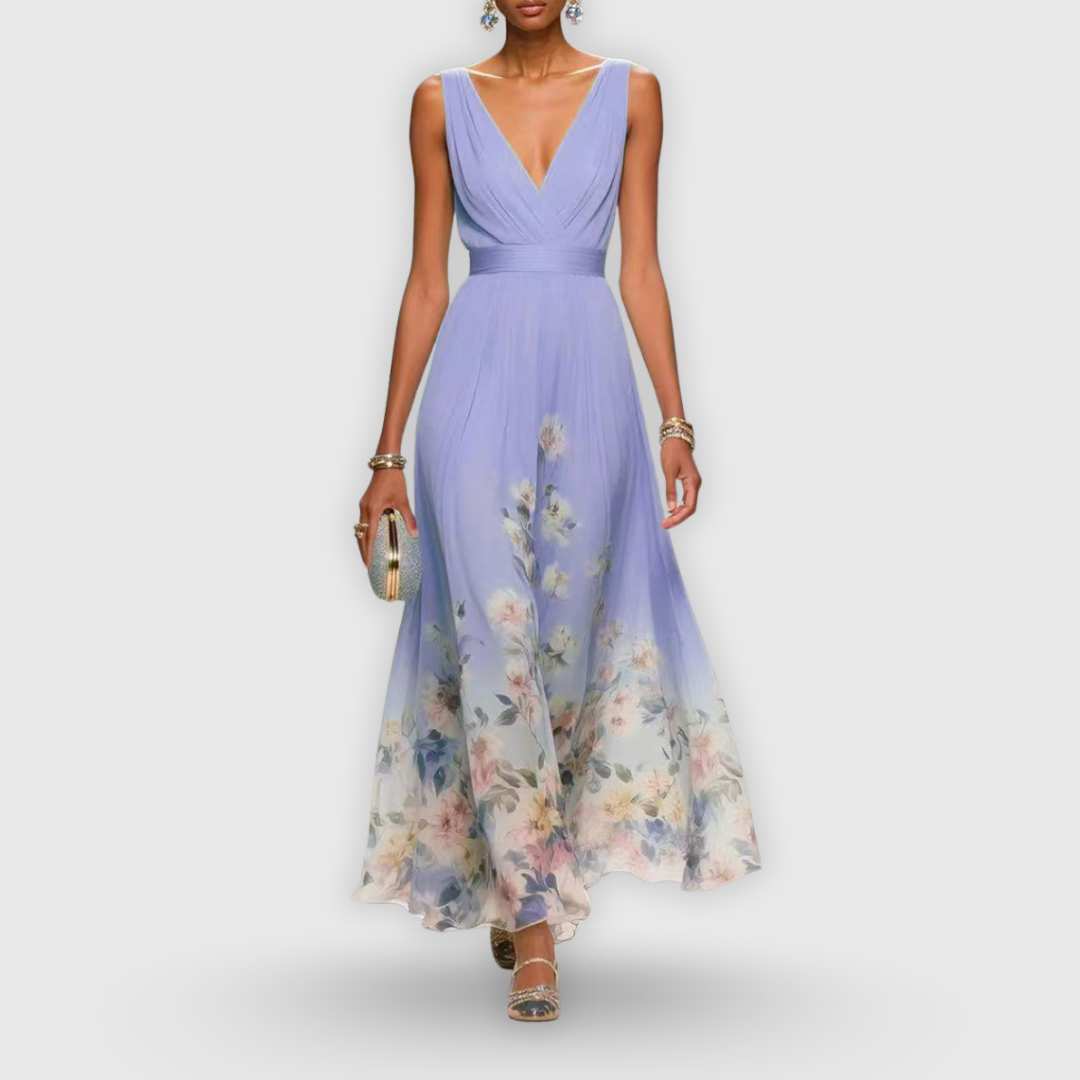 Beautiful women's floral V-neck maxi dress, elegant & comfortable for summer garden parties & special events.