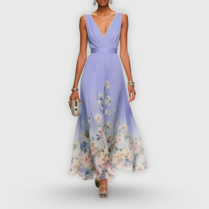 Beautiful women's floral V-neck maxi dress, elegant & comfortable for summer garden parties & special events.