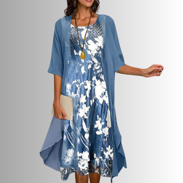 Comfortable women's floral midi dress with a coordinating cardigan, perfect for casual chic summer style.