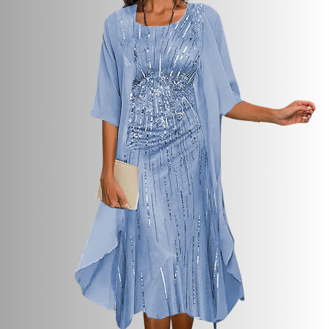 Stylish women's floral print midi dress and cardigan set, a versatile two-piece for day or evening wear.