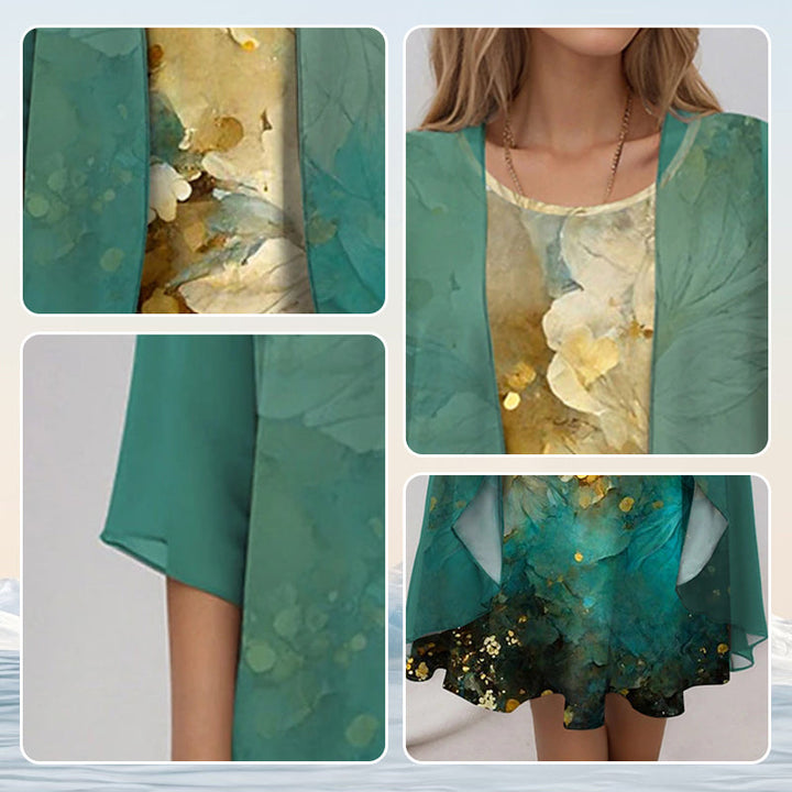 Modern women's floral midi dress and matching cardigan two-piece set, trendy and comfortable for any occasion.