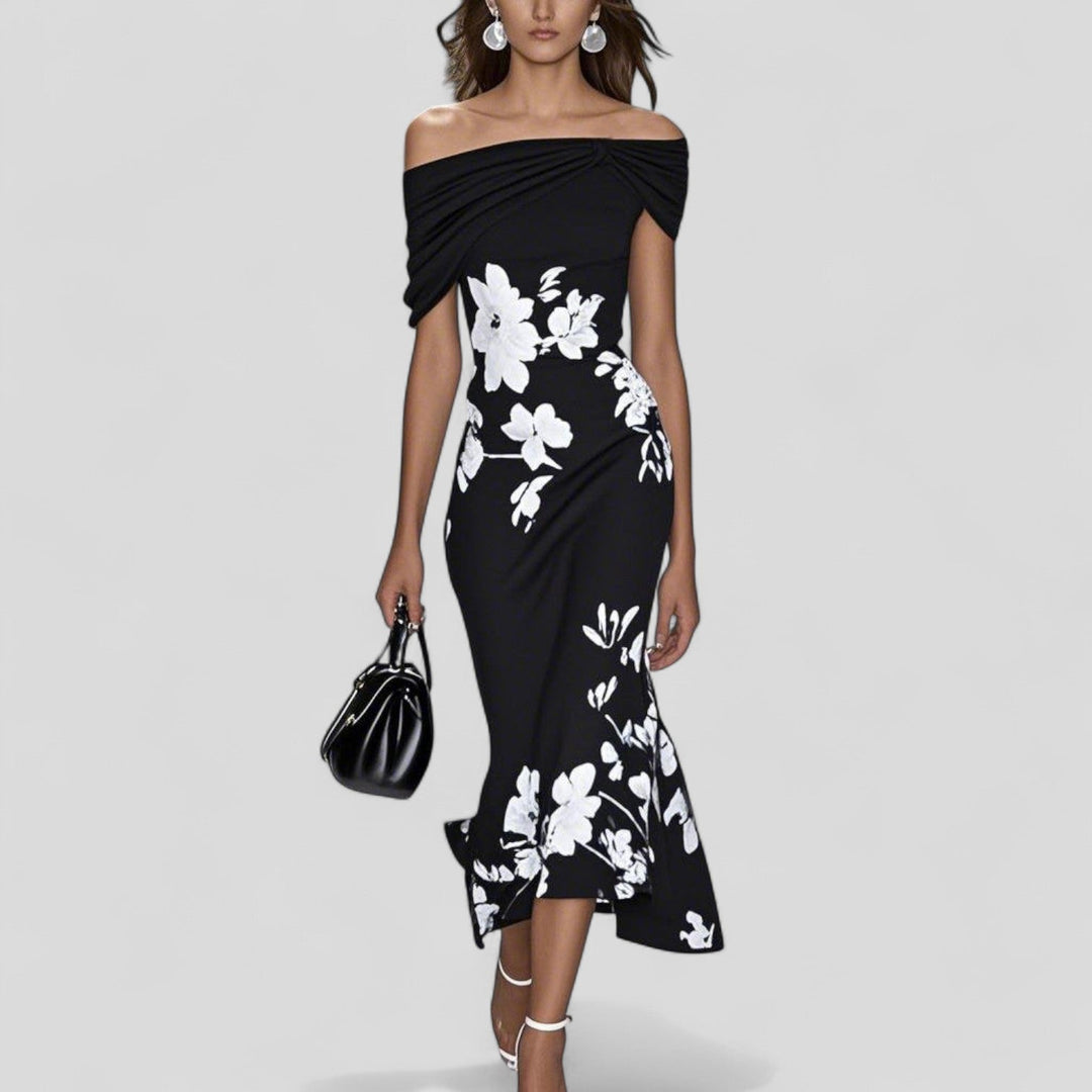 Flared floral midi dress for women, an elegant & versatile choice for parties, summer outings, or special events.