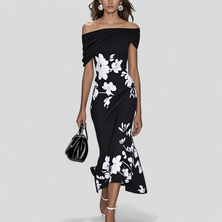 Flared floral midi dress for women, an elegant & versatile choice for parties, summer outings, or special events.