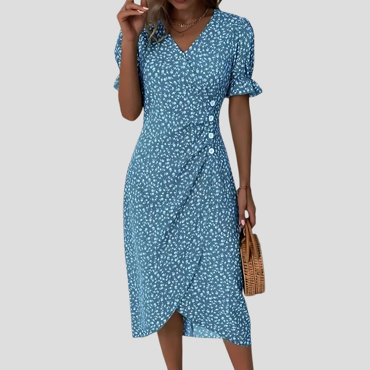 Elegant women's floral midi dress with button front, V-neck, and short sleeves. Perfect for summer resort wear.