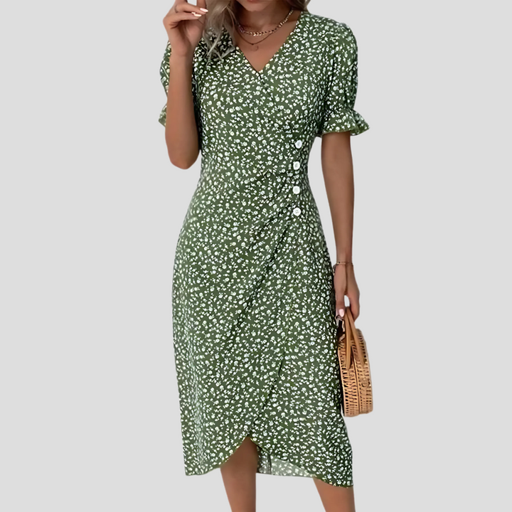 Comfortable flowy midi dress for women, featuring vibrant floral print, button front, short sleeves for summer.