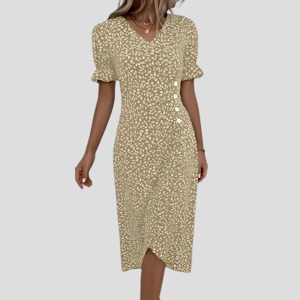 Versatile women's floral button-front midi dress. Elegant V-neck, short sleeves. Great for resort, party, or casual.
