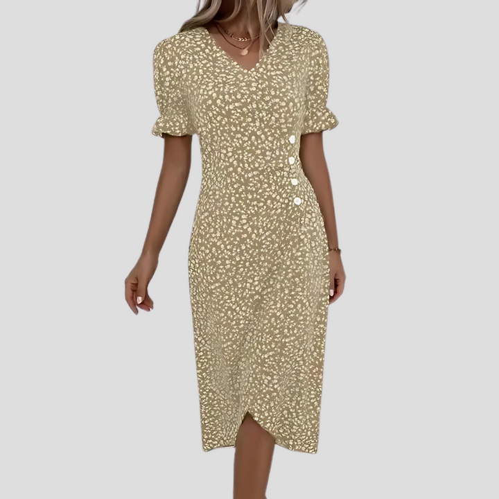 Versatile women's floral button-front midi dress. Elegant V-neck, short sleeves. Great for resort, party, or casual.