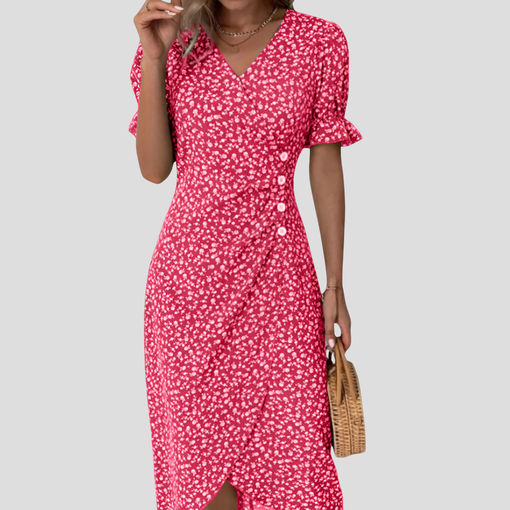 Beautiful floral print midi dress for women. Elegant flowy design with button front, V-neck, and short sleeves.