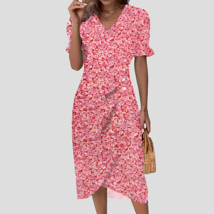 Stylish women's floral midi dress. Features button front, V-neck, short sleeves. Elegant and flowy for summer events.